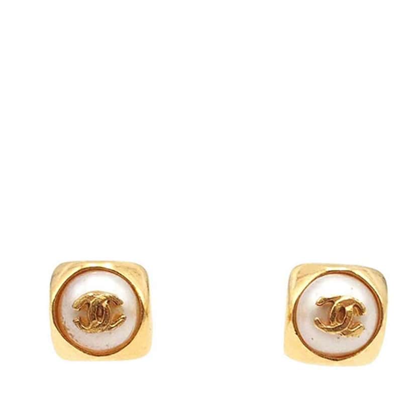 Chanel Gold Plated CC Pearl Push Back Earrings Gold Metal Good condition - Front View