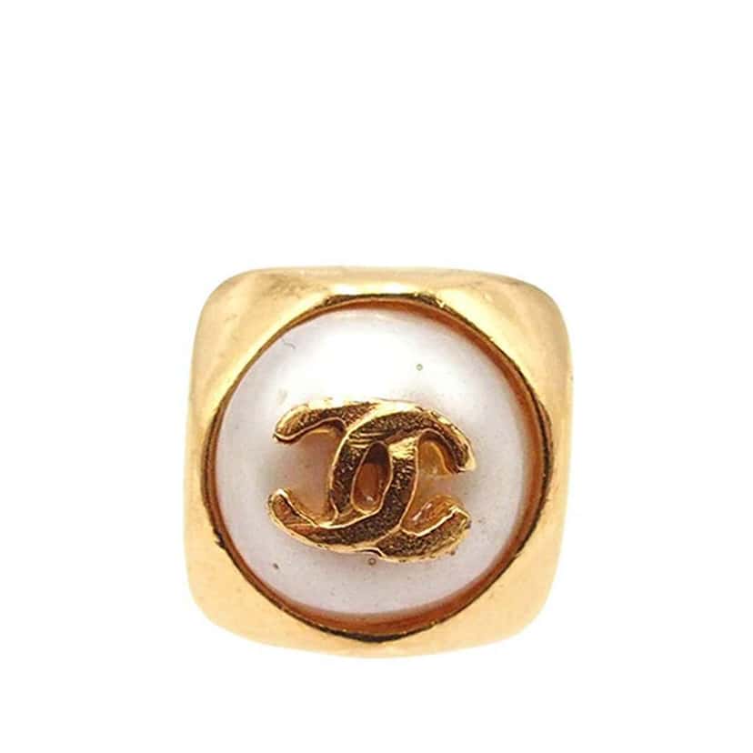 Chanel Gold Plated CC Pearl Push Back Earrings Gold Metal Good condition - Back View