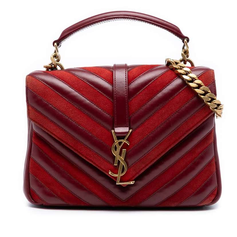 Saint Laurent Medium Calfskin and Suede Chevron Monogram College Satchel Red Leather Good condition - Front View