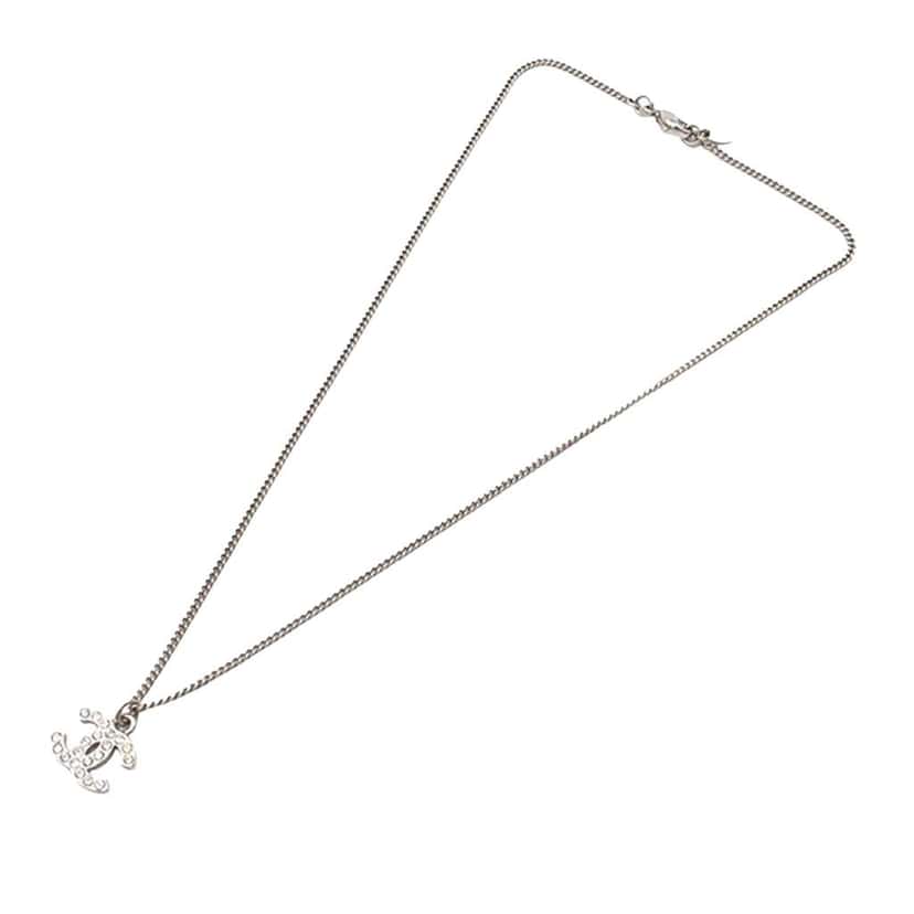 Chanel CC Silver Plated Rhinestones Pendant Necklace Silver Metal Good condition - Front View