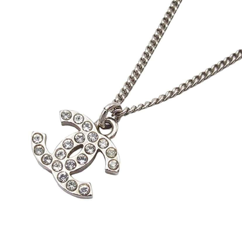 Chanel CC Silver Plated Rhinestones Pendant Necklace Silver Metal Good condition - Back View