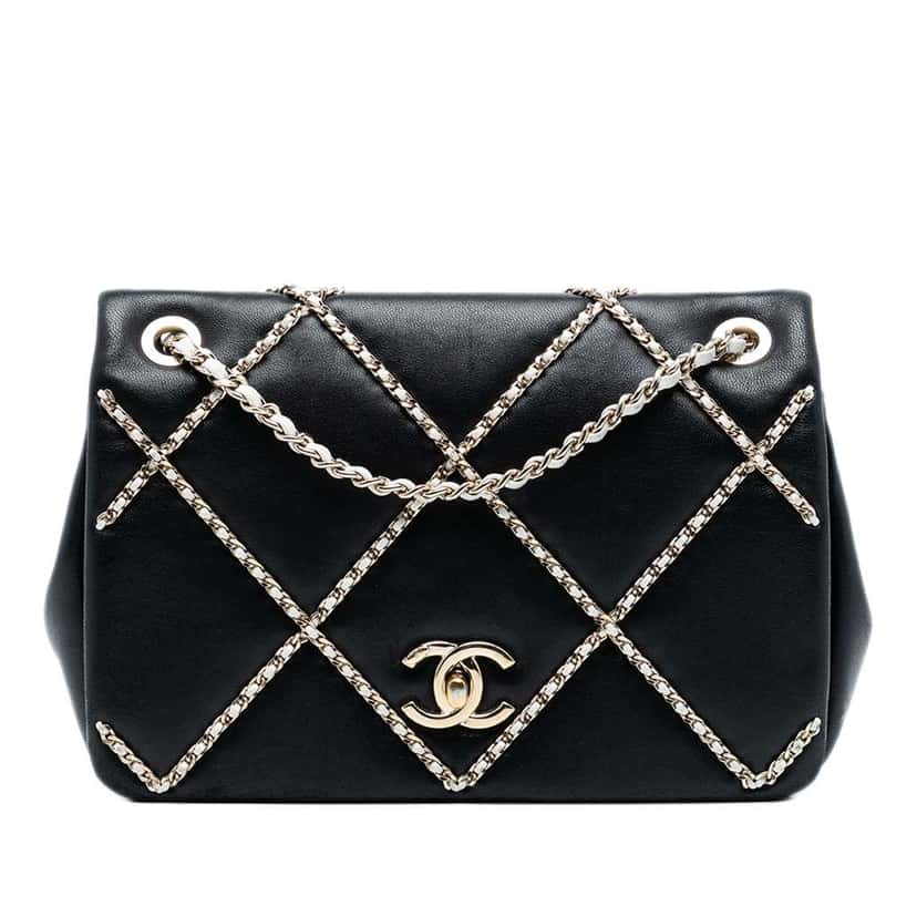 Chanel Small Lambskin Entwined Chain Flap Black Leather Good condition - Front View