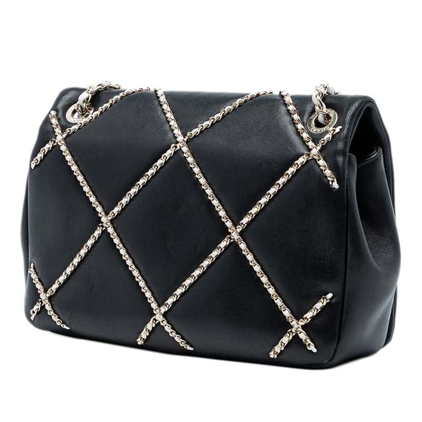 Chanel Small Lambskin Entwined Chain Flap Black Leather Good condition - Back View