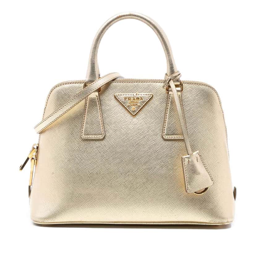 Prada Small Saffiano Lux Promenade Satchel Gold Leather Good condition - Front View