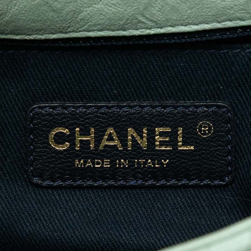 Chanel Small Chevron Wrinkled Calfskin Medallion Charm Surpique Flap Green Leather Good condition - Box View