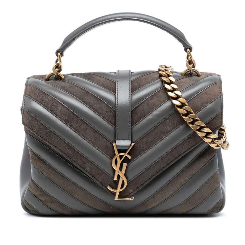 Saint Laurent Medium Calfskin and Suede Chevron Monogram College Satchel Grey Leather Good condition - Front View
