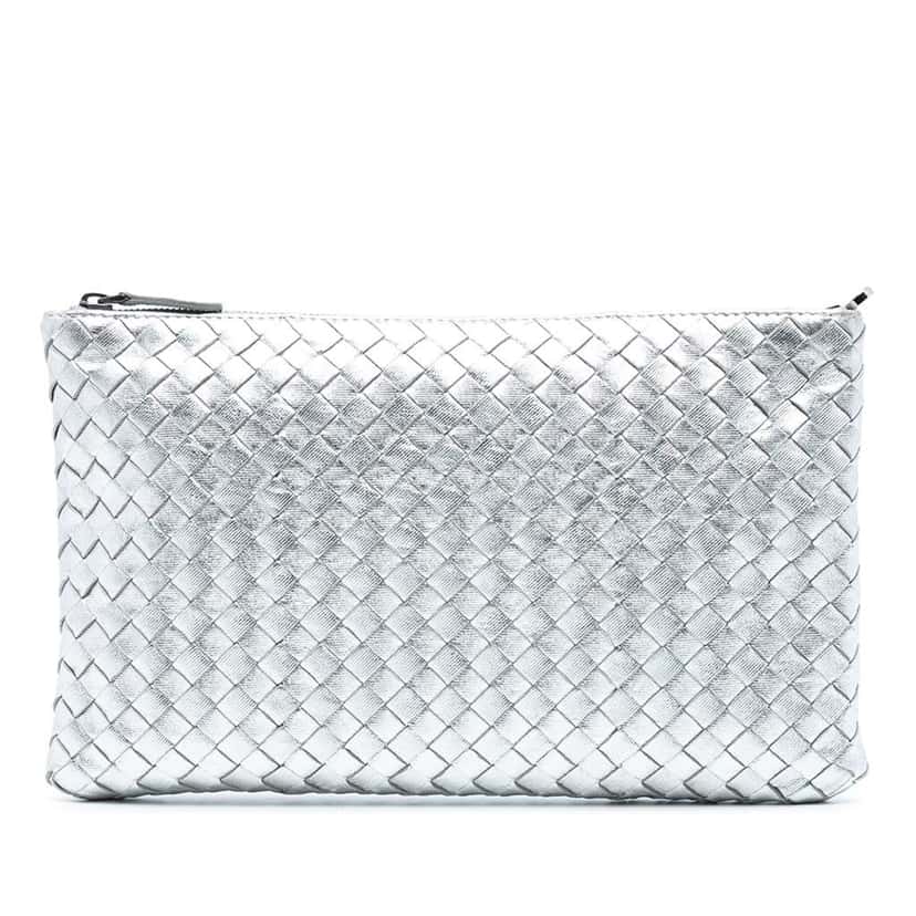 Bottega Veneta Metallic Leather Intrecciato Clutch Silver Leather Good condition - Front View