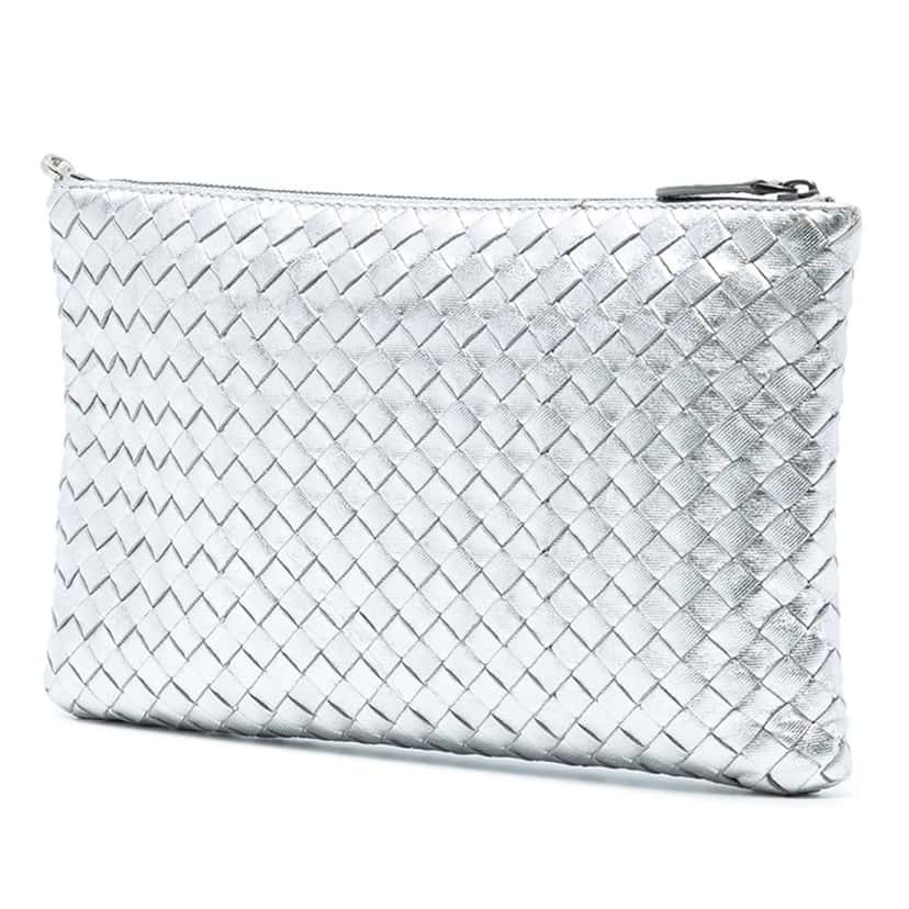 Bottega Veneta Metallic Leather Intrecciato Clutch Silver Leather Good condition - Back View