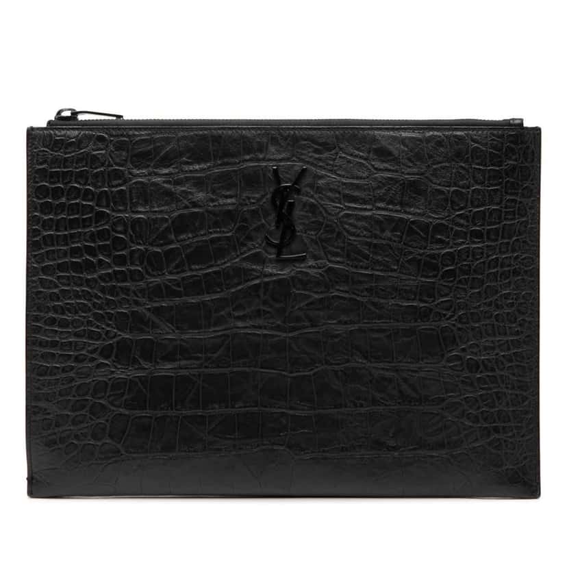 Saint Laurent Croc Embossed Leather Monogram iPad Case Black Leather Good condition - Front View