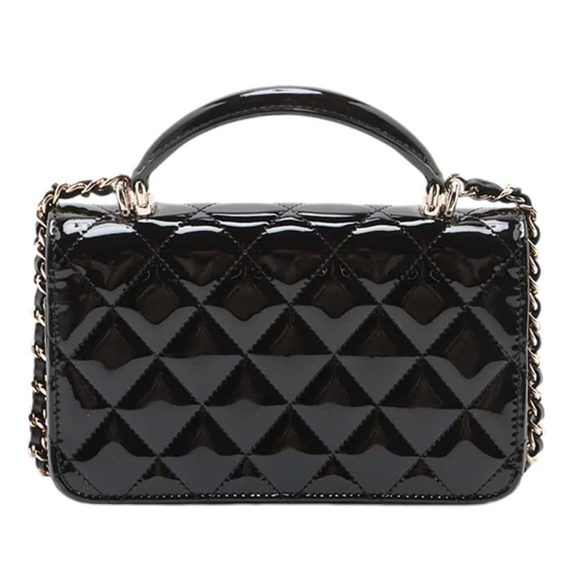 Chanel CC Quilted Patent Top Handle Phone Holder with Chain Black Leather Good condition - Model View