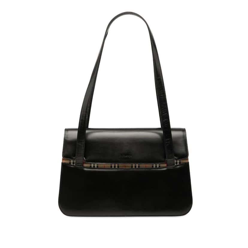 Burberry House Check Trimmed Leather Shoulder Bag Black Leather Good condition - Front View