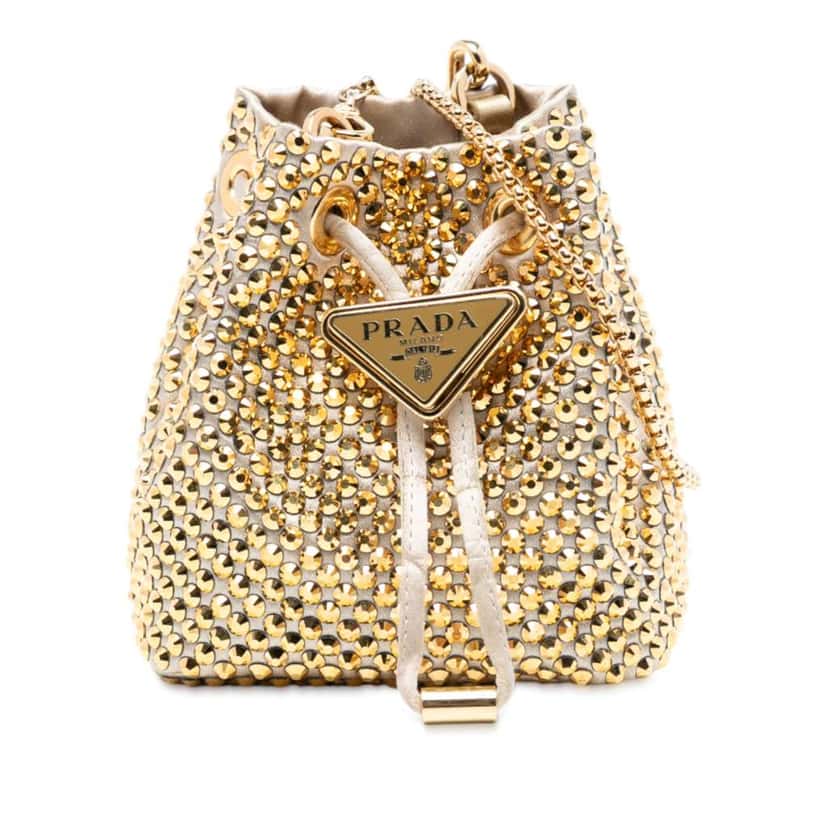 Prada Mini Re Nylon Crystal Embellished Drawstring Bucket Bag Gold Good condition - Front View