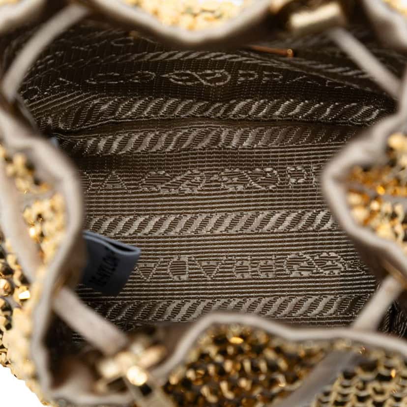 Prada Mini Re Nylon Crystal Embellished Drawstring Bucket Bag Gold Good condition - Model View