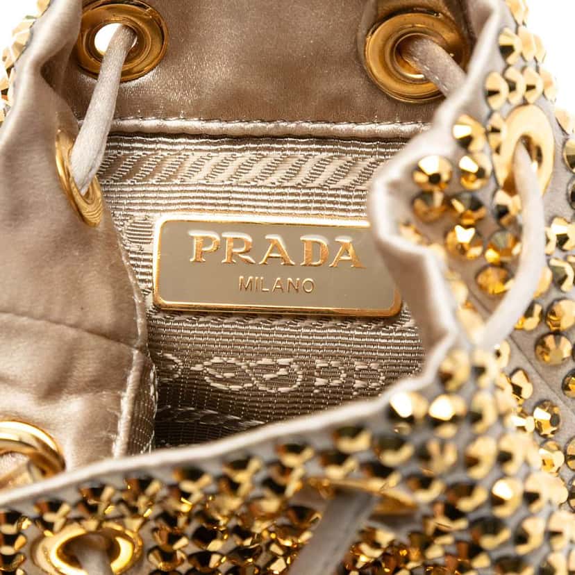 Prada Mini Re Nylon Crystal Embellished Drawstring Bucket Bag Gold Good condition - Box View