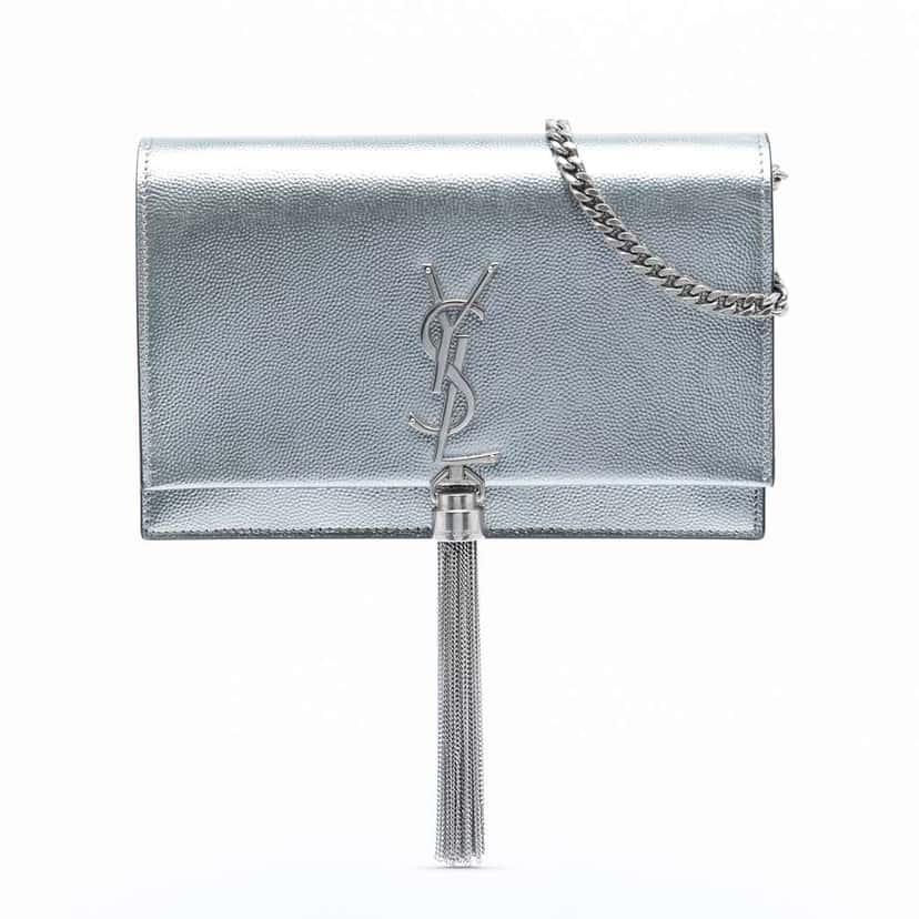 Saint Laurent Metallic Grain de Poudre Monogram Kate Tassel Wallet on Chain Silver Leather Good condition - Front View