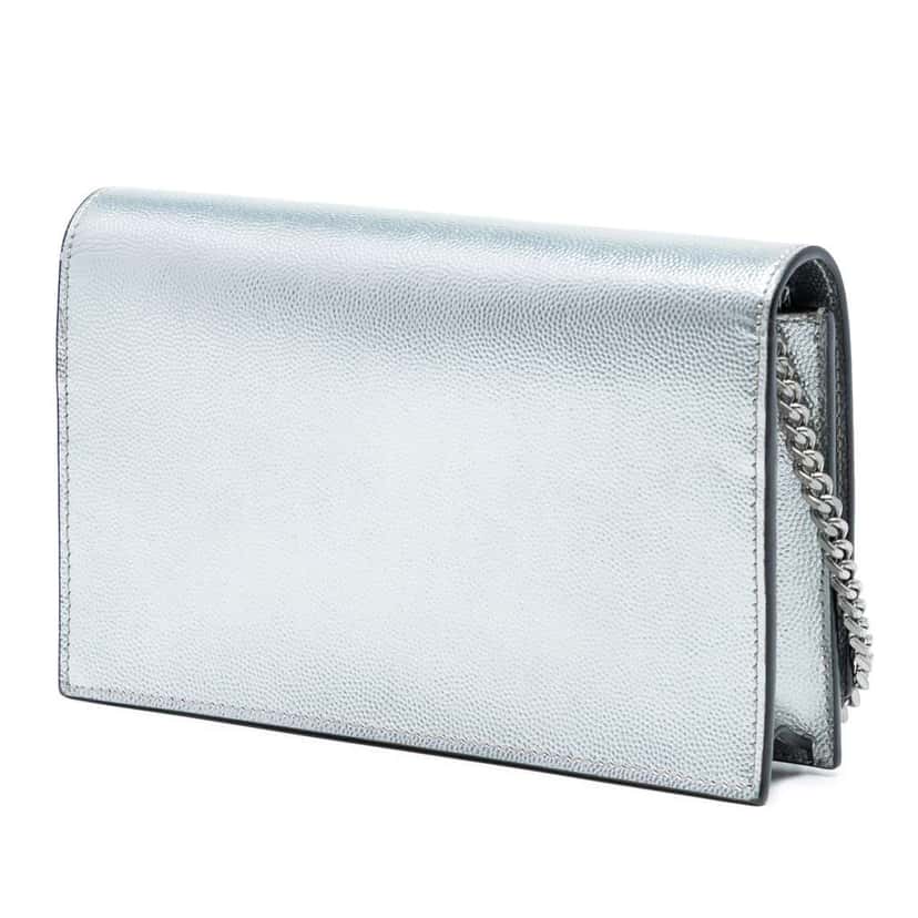 Saint Laurent Metallic Grain de Poudre Monogram Kate Tassel Wallet on Chain Silver Leather Good condition - Back View
