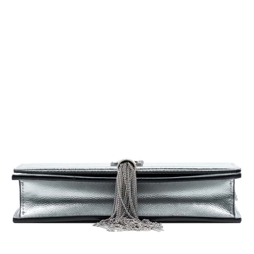 Saint Laurent Metallic Grain de Poudre Monogram Kate Tassel Wallet on Chain Silver Leather Good condition - Inside View
