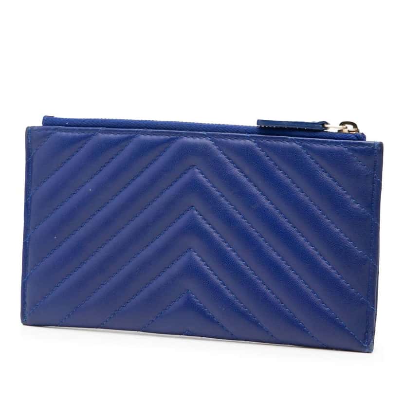 Chanel CC Chevron Calfskin Zip Wallet Blue Leather Good condition - Back View