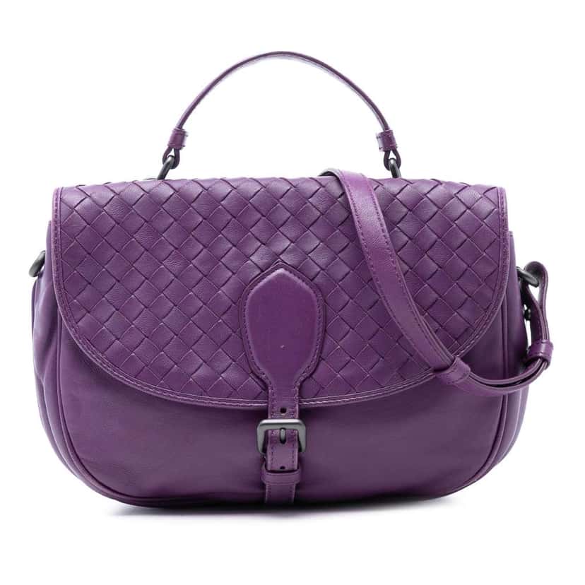 Bottega Veneta Leather Intrecciato Double Sided Flap Satchel Purple Leather Good condition - Front View