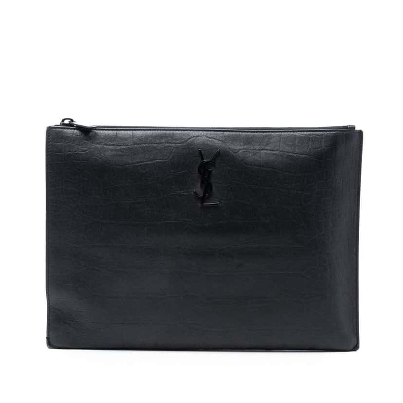 Saint Laurent Croc Embossed Leather Monogram Zip Pouch Black Leather Very good condition - Front View