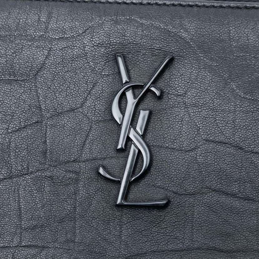 Saint Laurent Croc Embossed Leather Monogram Zip Pouch Black Leather Very good condition - Box View