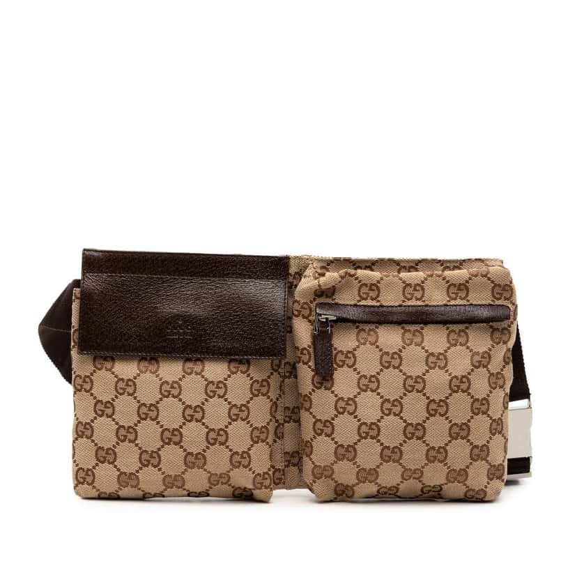Gucci GG Canvas Double Pocket Belt Bag Brown Canvas Good condition - Front View