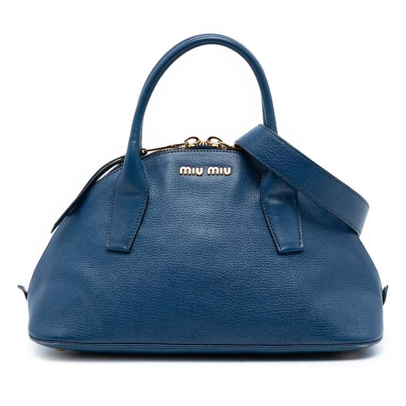 Miu Miu Goatskin Madras Bowling Bag Blue Leather Good condition - Front View
