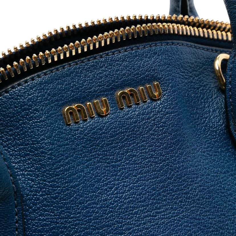 Miu Miu Goatskin Madras Bowling Bag Blue Leather Good condition - Box View