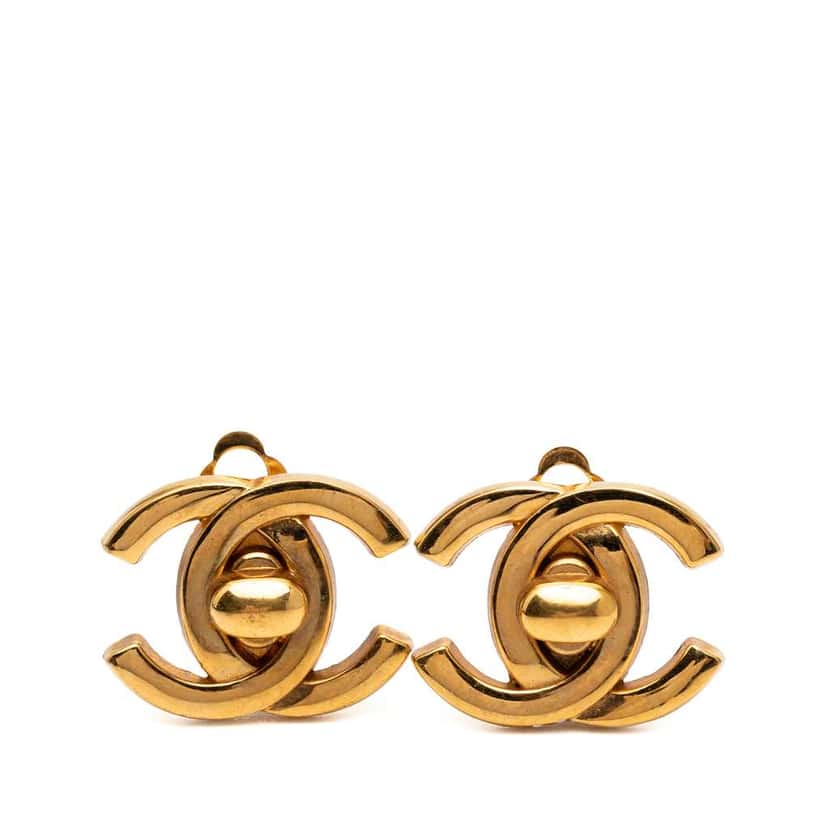 Chanel Gold Plated CC Turn Lock Clip on Earrings Gold Metal Good condition - Front View