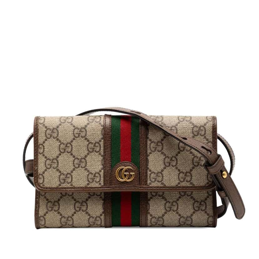 Gucci GG Supreme Web Ophidia Trifold Wallet on Strap Brown Canvas Good condition - Front View