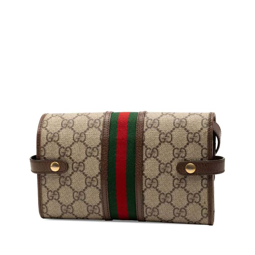 Gucci GG Supreme Web Ophidia Trifold Wallet on Strap Brown Canvas Good condition - Back View