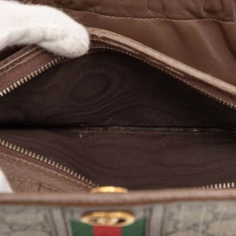 Gucci GG Supreme Web Ophidia Trifold Wallet on Strap Brown Canvas Good condition - Model View