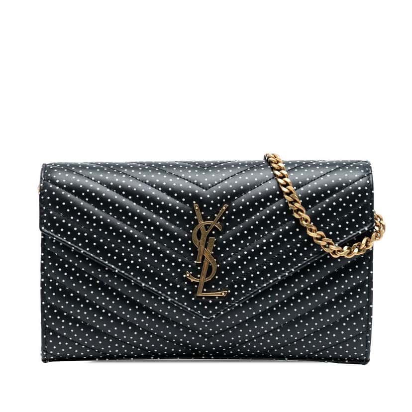 Saint Laurent Quilted Chevron Calfskin Polka Dot Monogram Envelope Chain Wallet Black Leather Good condition - Front View