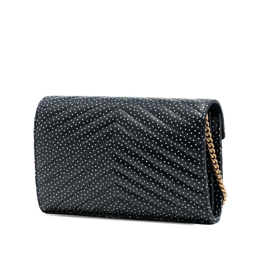 Saint Laurent Quilted Chevron Calfskin Polka Dot Monogram Envelope Chain Wallet Black Leather Good condition - Back View