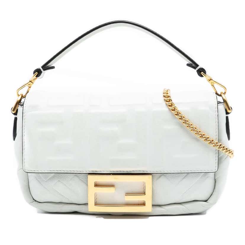 Fendi Mini Zucca Embossed Leather Baguette Satchel White Leather Good condition - Front View