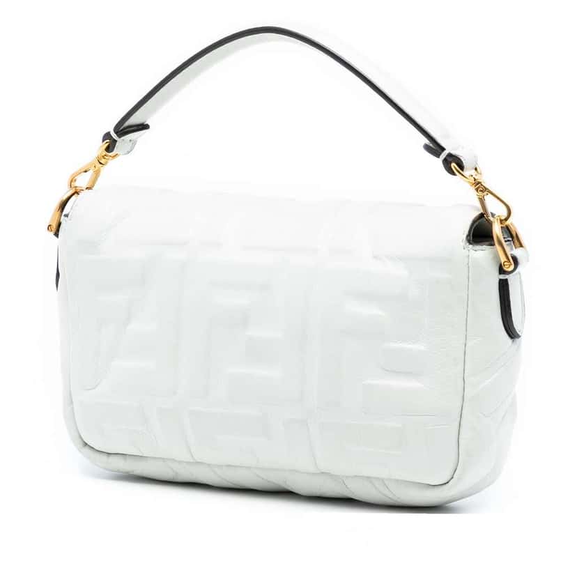 Fendi Mini Zucca Embossed Leather Baguette Satchel White Leather Good condition - Back View