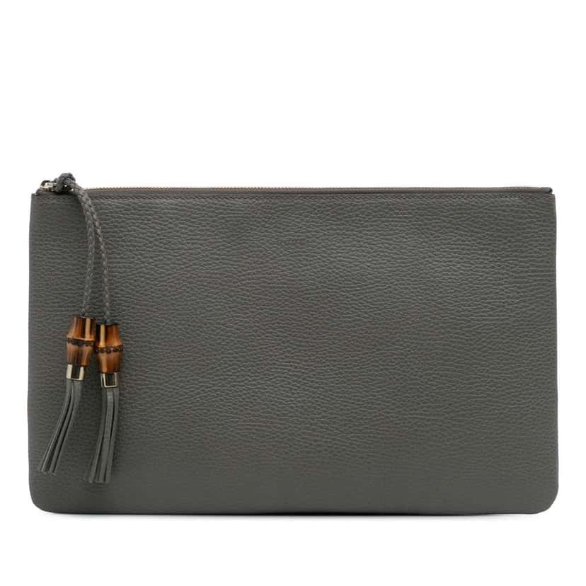 Gucci Calfskin Bamboo Tassel Clutch Grey Leather Good condition - Front View