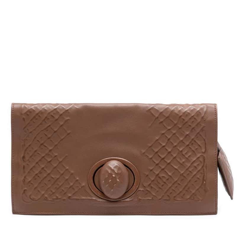 Bottega Veneta Nappa Embossed Intrecciato Turnlock Clutch Brown Leather Very good condition - Front View