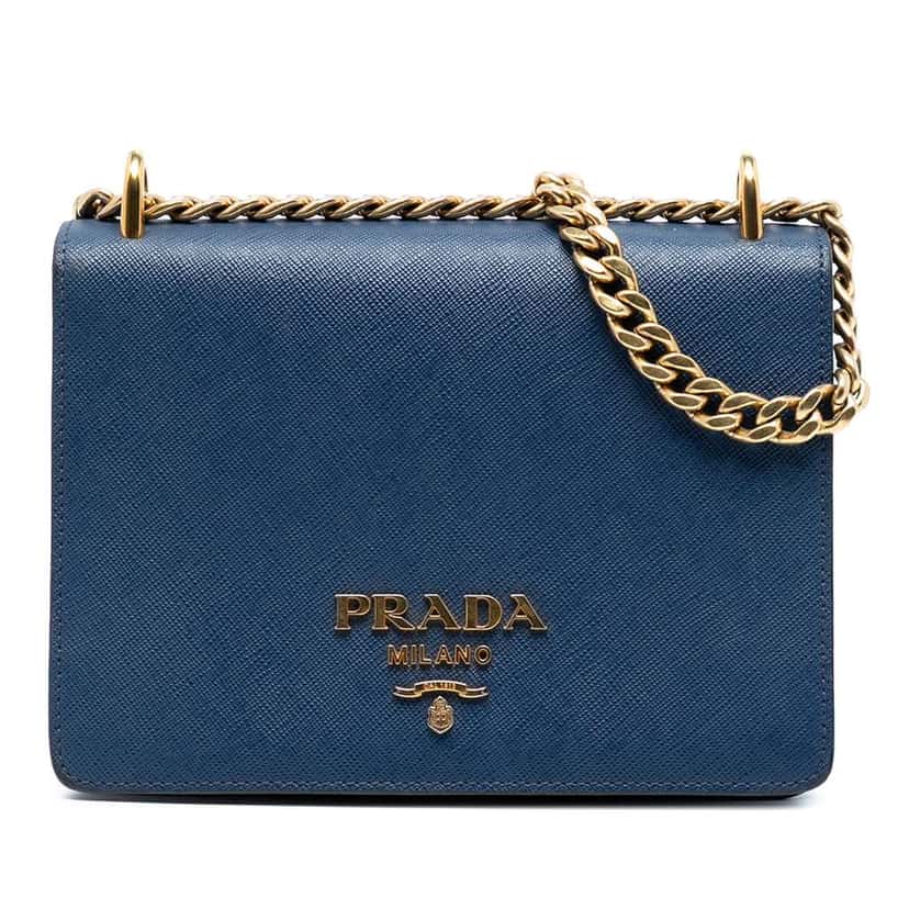Prada Saffiano Lux Chain Crossbody Blue Leather Good condition - Front View
