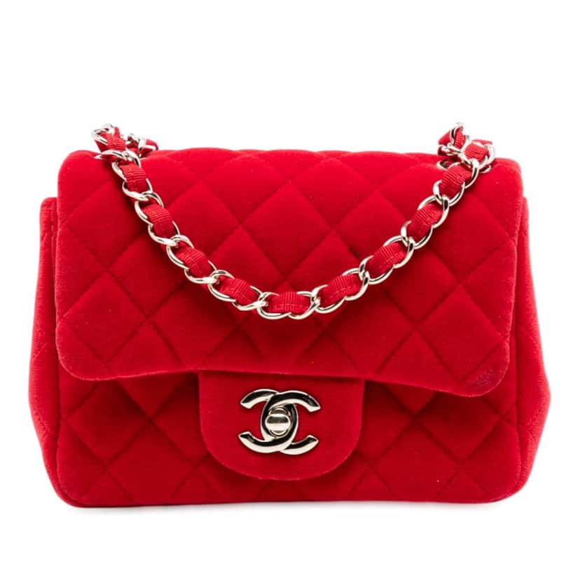 Chanel Mini Square Classic Velvet Single Flap Red Velvet Good condition - Front View