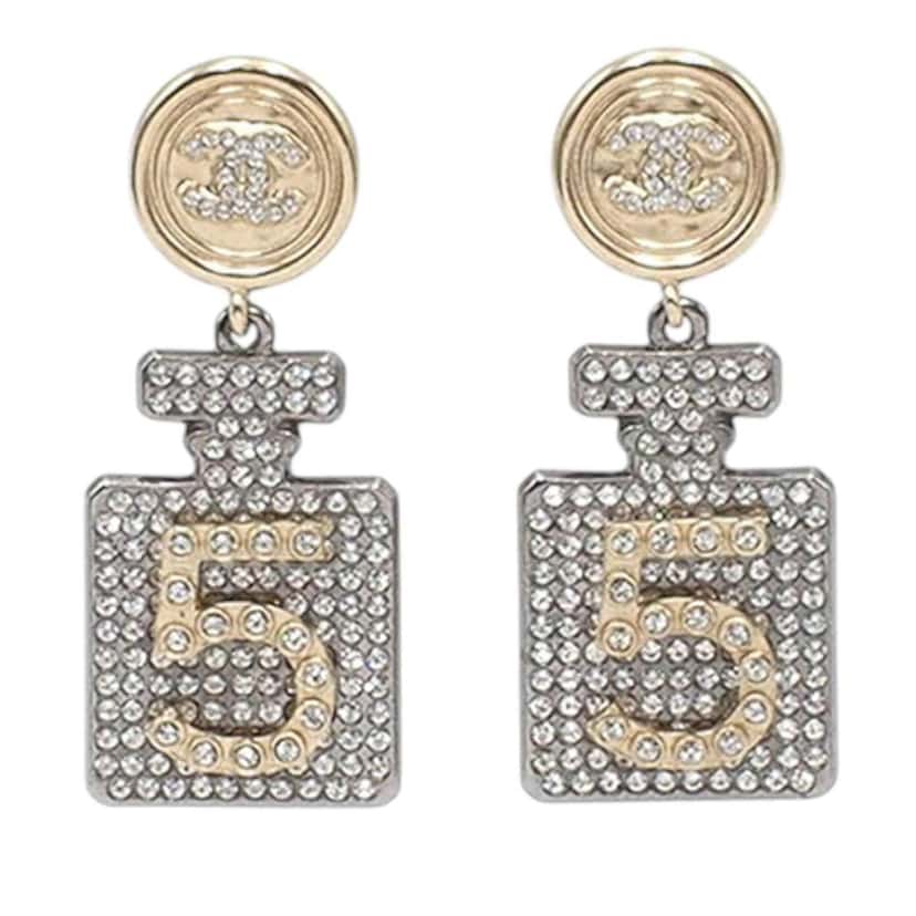 Chanel Gold Plated and Silver Plated CC Rhinestone No 5 Perfume Bottle Drop Push Back Earrings Gold Metal Good condition - Front View