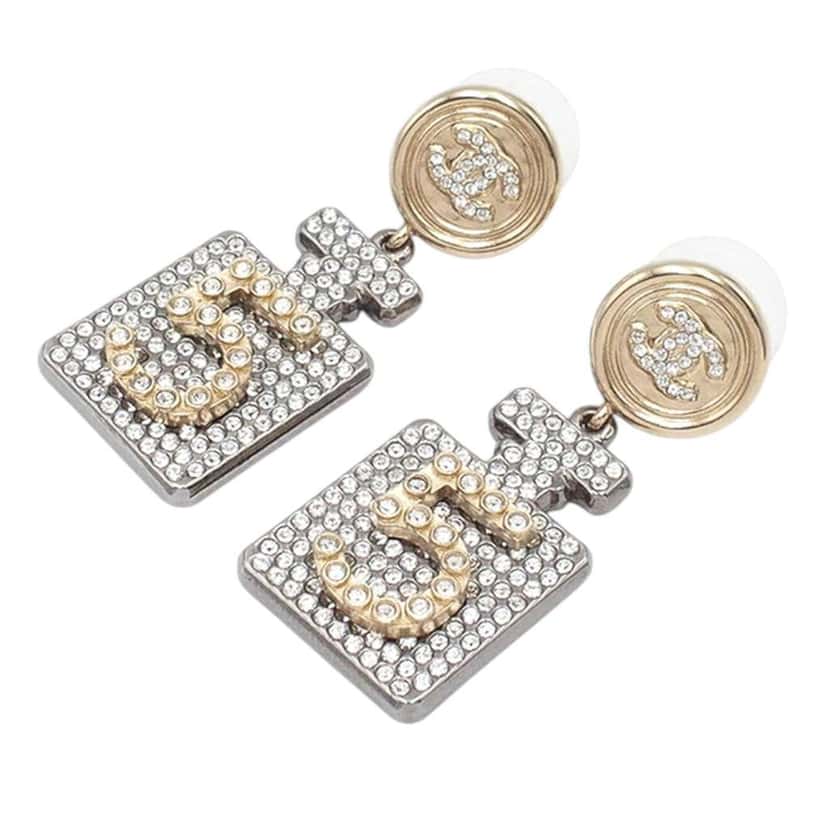 Chanel Gold Plated and Silver Plated CC Rhinestone No 5 Perfume Bottle Drop Push Back Earrings Gold Metal Good condition - Back View