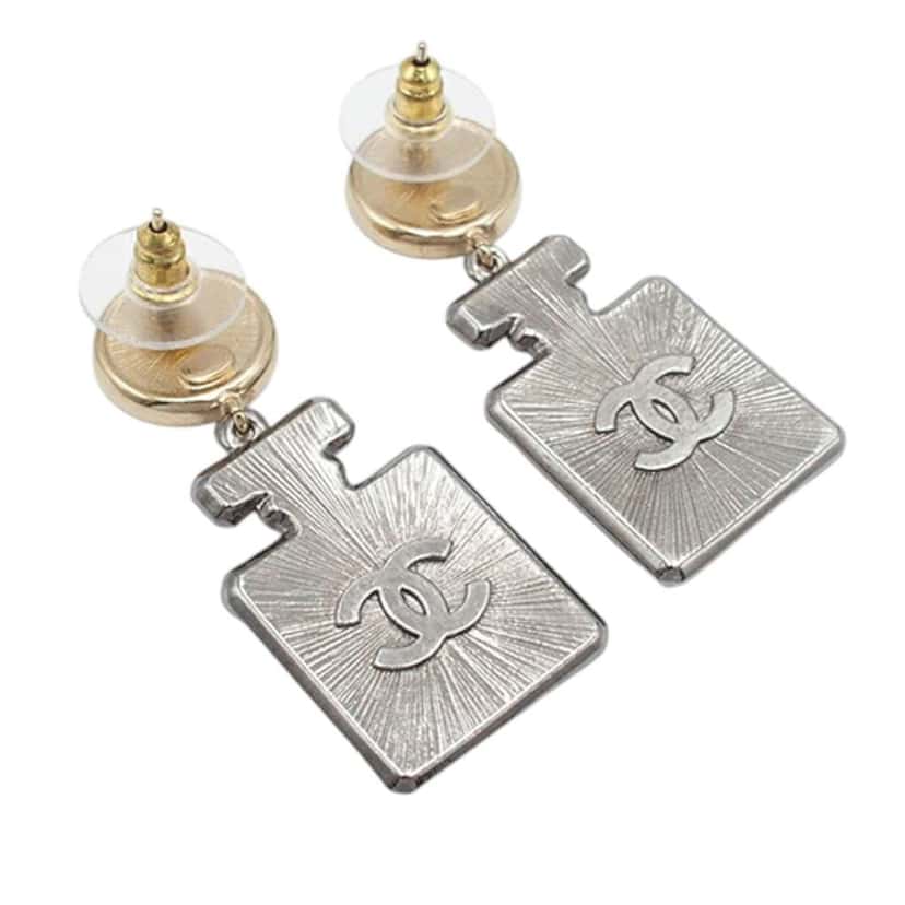 Chanel Gold Plated and Silver Plated CC Rhinestone No 5 Perfume Bottle Drop Push Back Earrings Gold Metal Good condition - Inside View