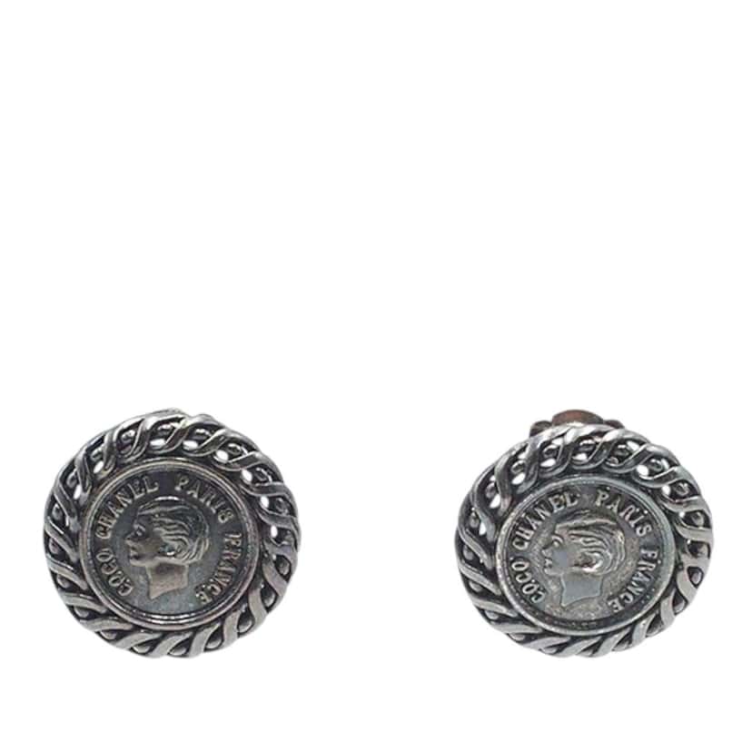 Chanel Gunmetal Plated Medallion Clip on Earrings Black Brass Good condition - Front View
