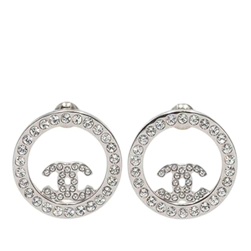 Chanel Silver Plated CC Rhinestones Round Push Back Earrings Silver Metal Good condition - Front View