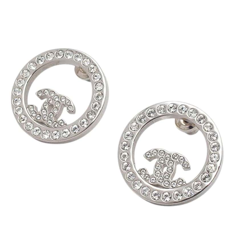 Chanel Silver Plated CC Rhinestones Round Push Back Earrings Silver Metal Good condition - Back View