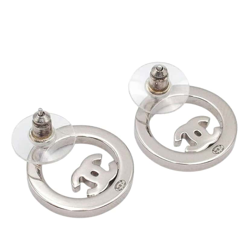 Chanel Silver Plated CC Rhinestones Round Push Back Earrings Silver Metal Good condition - Inside View