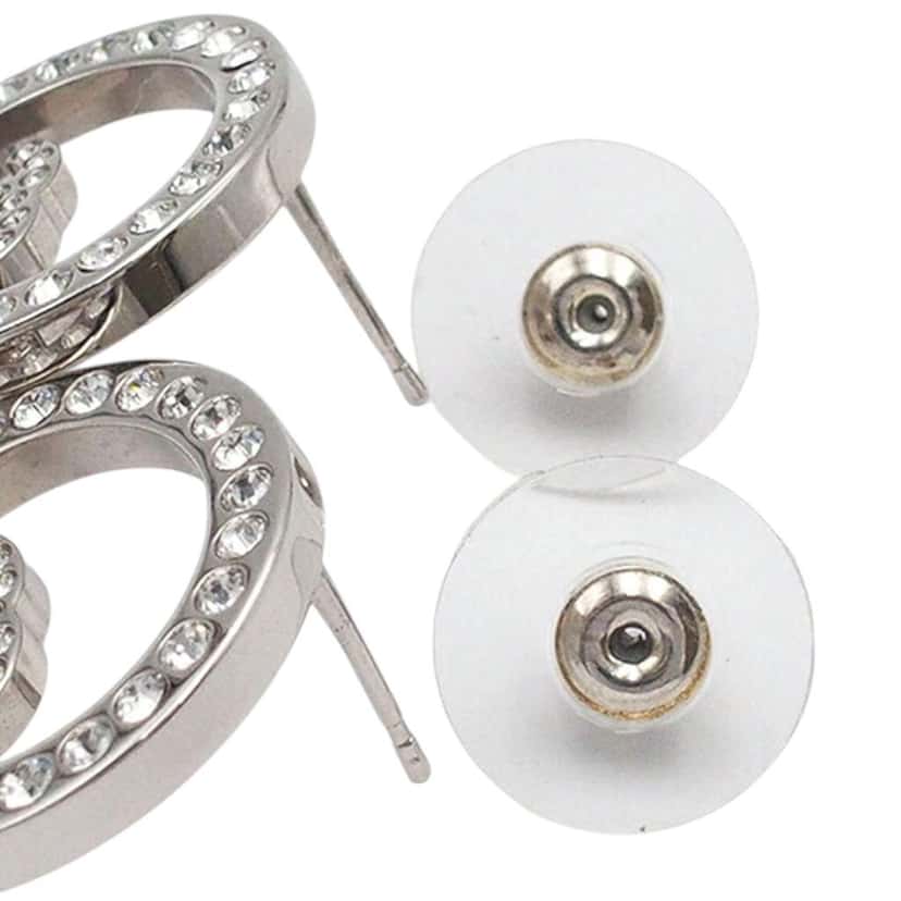 Chanel Silver Plated CC Rhinestones Round Push Back Earrings Silver Metal Good condition - Model View