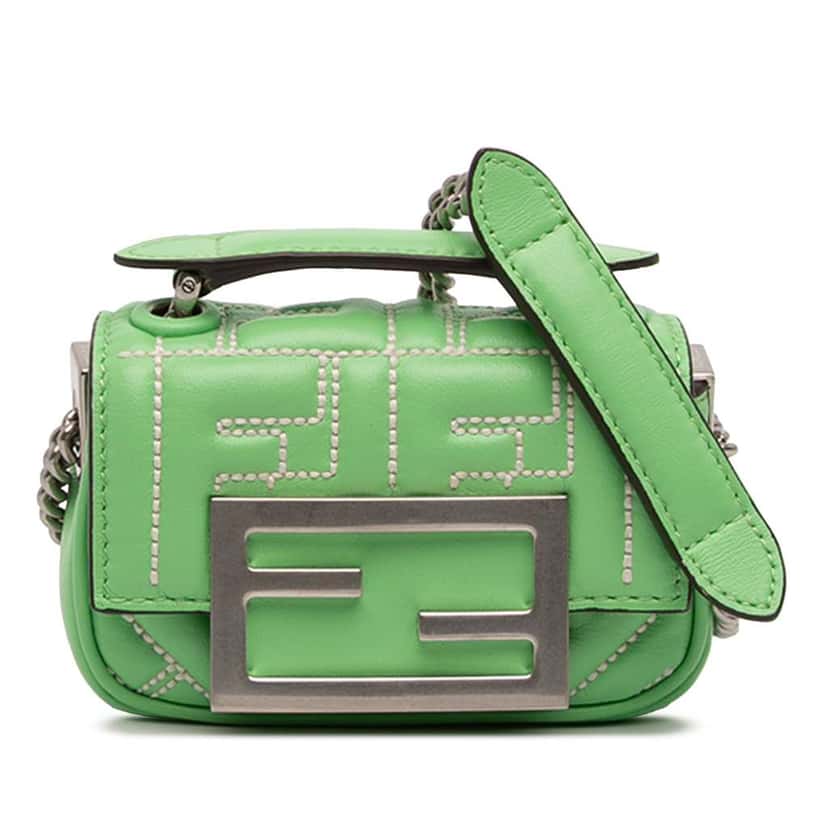 Fendi Nano Zucca Embossed Leather Baguette Charm Green Leather Good condition - Front View