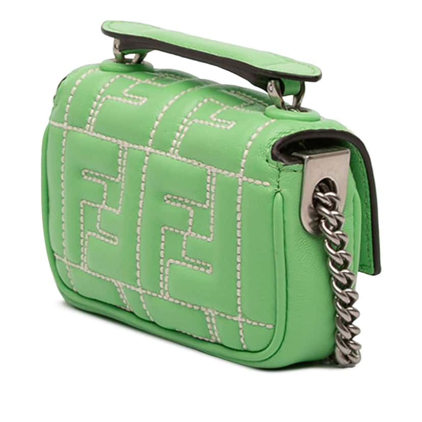 Fendi Nano Zucca Embossed Leather Baguette Charm Green Leather Good condition - Back View